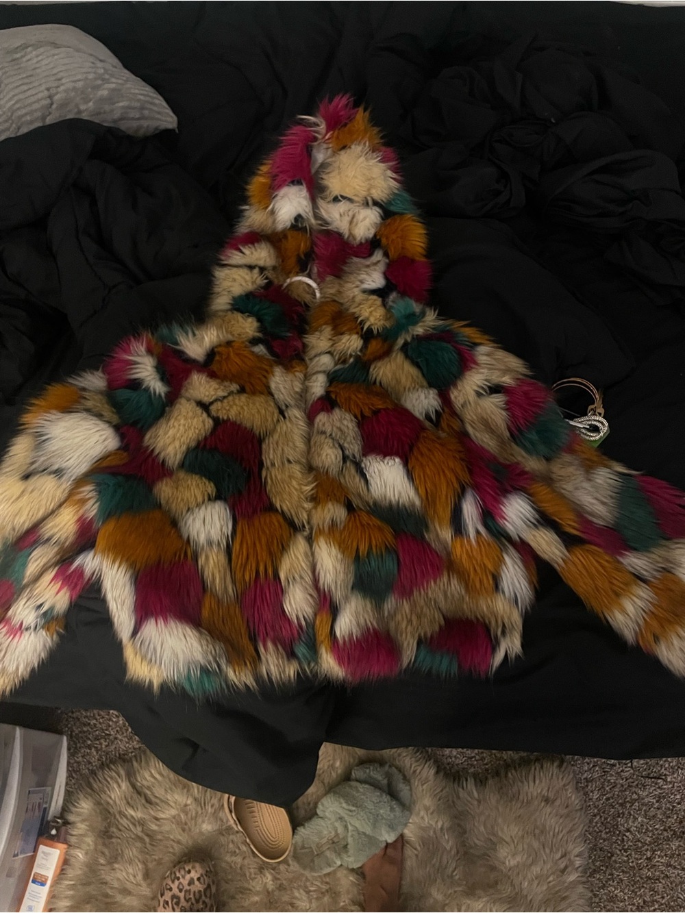 Multicolor Faux Fur Hooded Jacket - Bold Patchwork